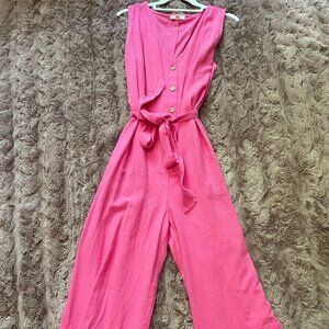 Pink Sleeveless Button Front Maternity Cropped Jumpsuit